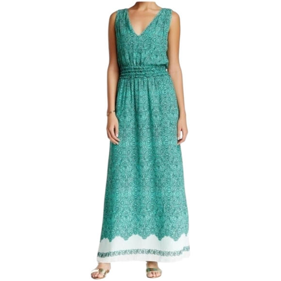 MAX STUDIO Teal/Cream Floral Border Print V NECK MAXI Dress  Sz M - Picture 1 of 9